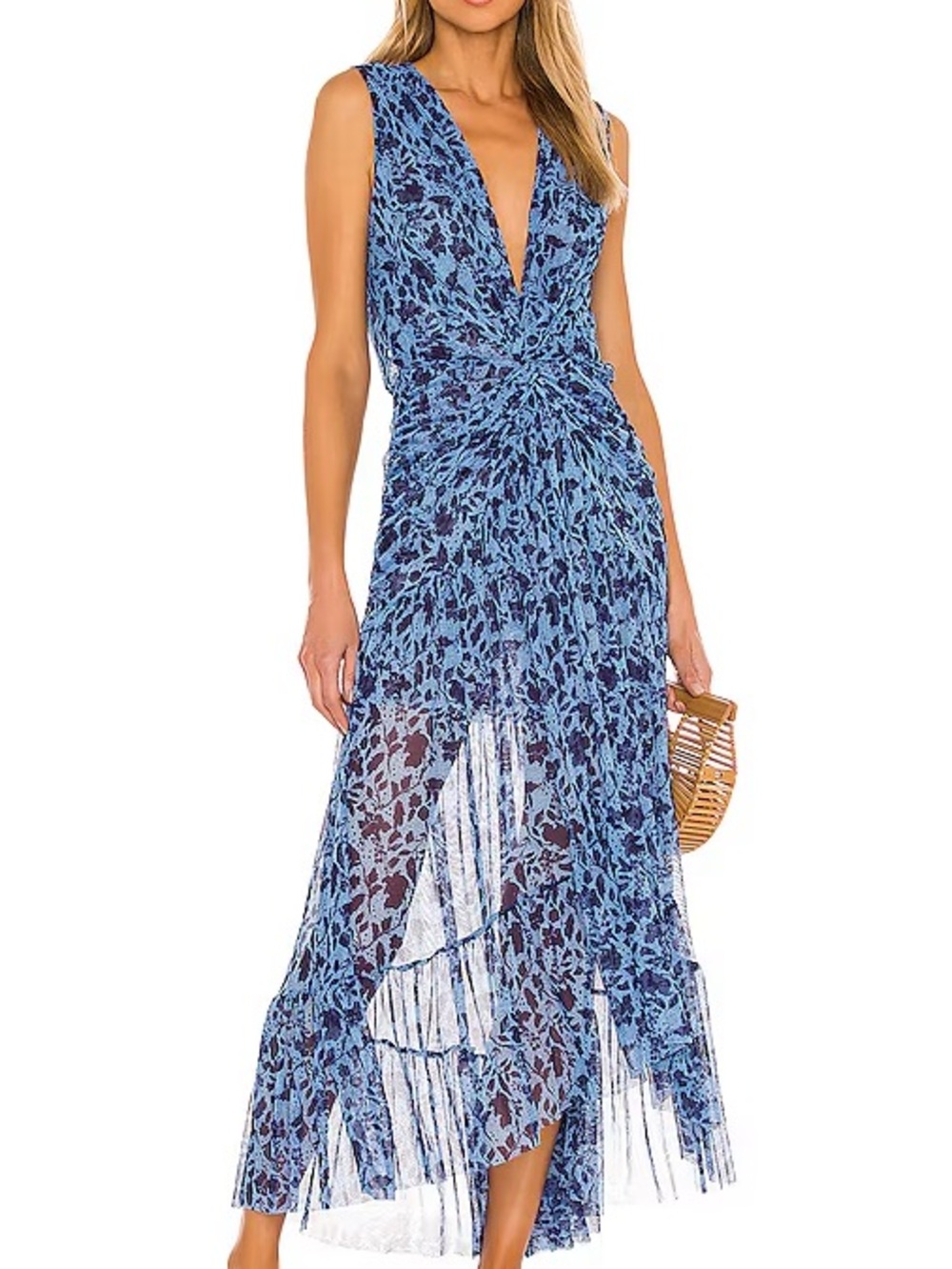 Misa Los Angeles Navy and Light Blue Floral Twist-Front Maxi Dress